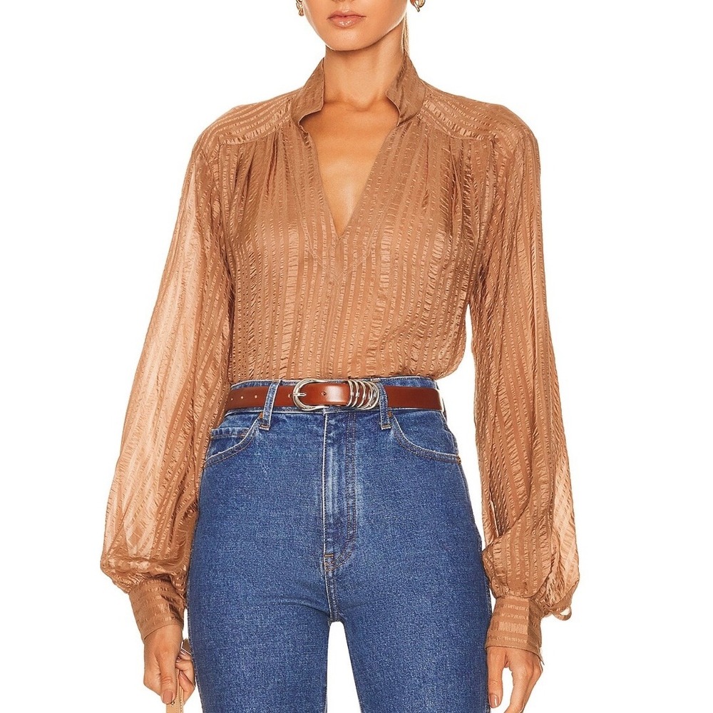 FRAME XS Kaftan Popover 100% Silk Metallic Blouse Top Bronze Gold Balloon Sleeve
